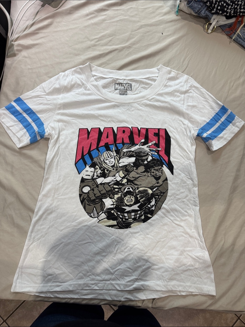 Marvel White Tee with Blue Sleeve Stripes and Pink Logo